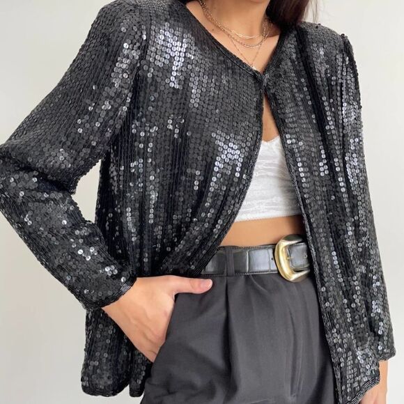 Vintage Stenay 100% silk black sequin jacket size small - Picture 4 of 10